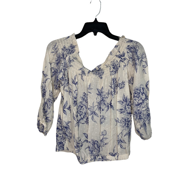 Socialite ivory blue flor off shoulder long sleeve blouse size Medium NWT - Picture 3 of 6